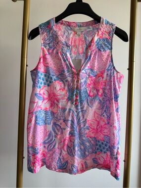 Lilly Pulitzer Pink and Blue Floral Sleeveless Henley Tank